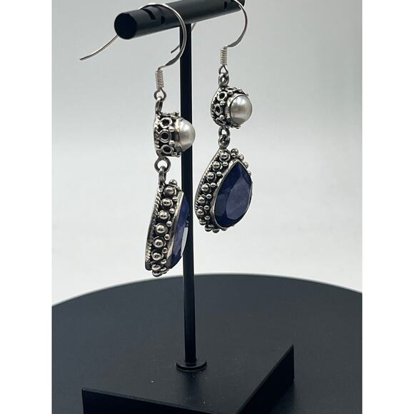 India 925 sterling Faceted Lapis Lazuli White Fresh Water Pearl Cabochon Earring - Picture 6 of 16